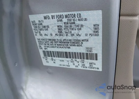 2012 Ford Escape Xlt z USA, uszkodzony, nr VIN 1FMCU9D73CKA70786